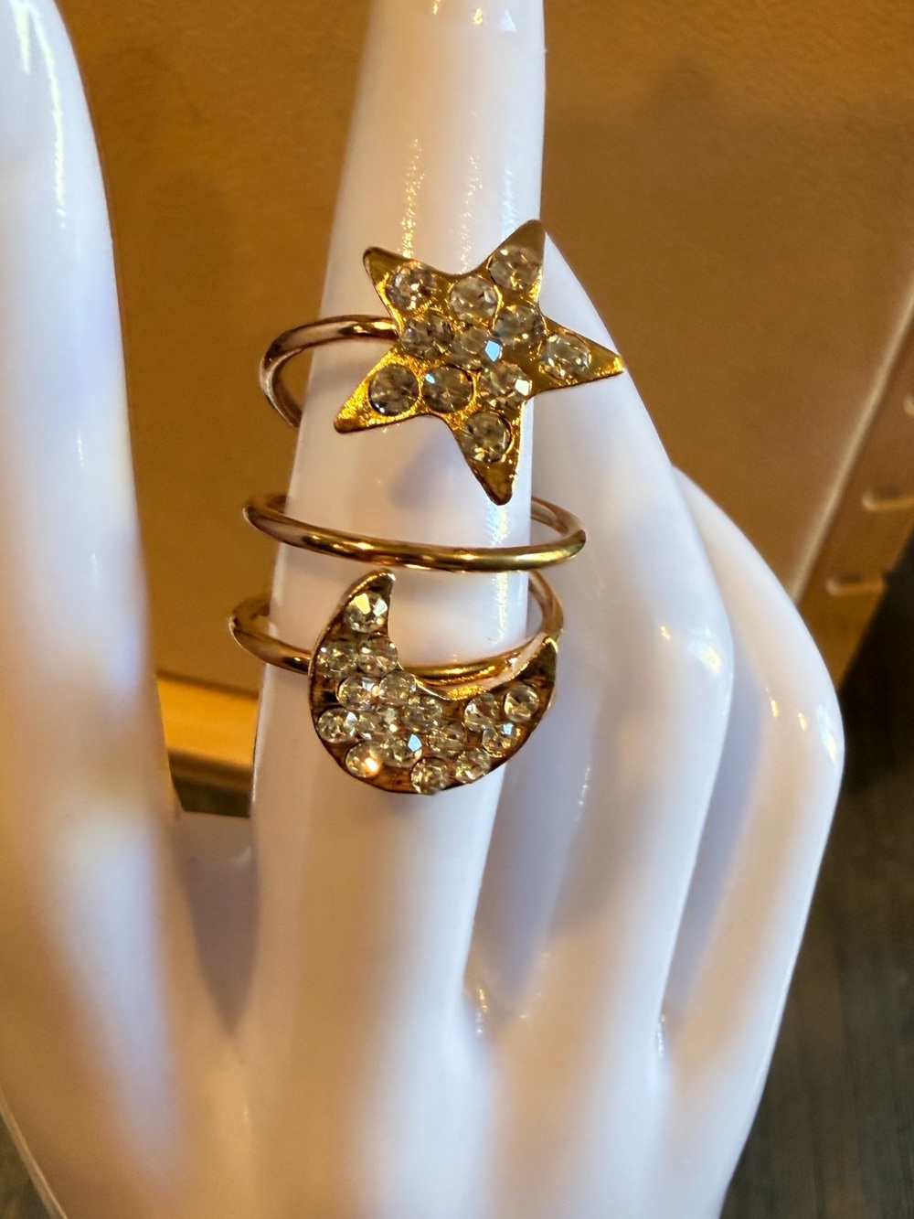 Gold tone Moon and Star Crystal Wrap Ring